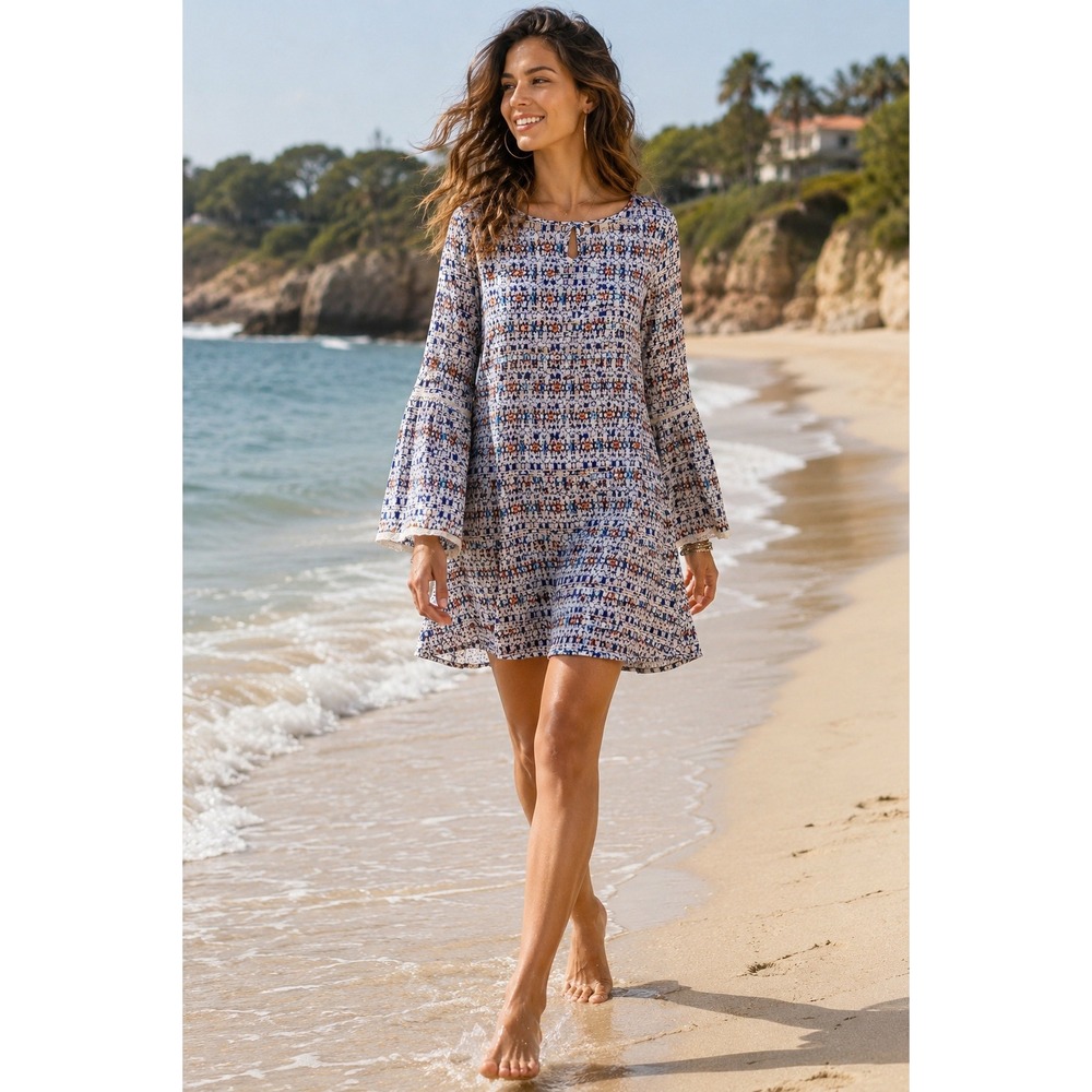 Roxy Womens Blue Geometric Tribal Print Bell Sleeve Boho Shift Dress Large NWT
